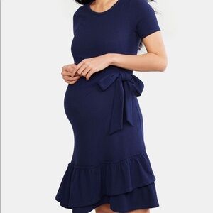 A Pea In The Pod navy blue dress, size Small, short sleeve with bow and ruffle